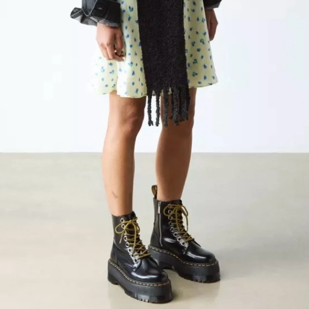 Dr. Martens Black Leather Platform Combat Boots with Yellow Accents - Picture 11 of 13